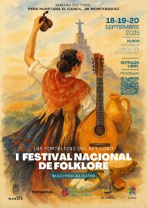 Cartel del festival. Una huertana baila, el castillo de Monteagudo está al fondo. Varios elementos huertanos (bandurria, pandereta, jarra y castañuelas) completan una especie de bodegón.